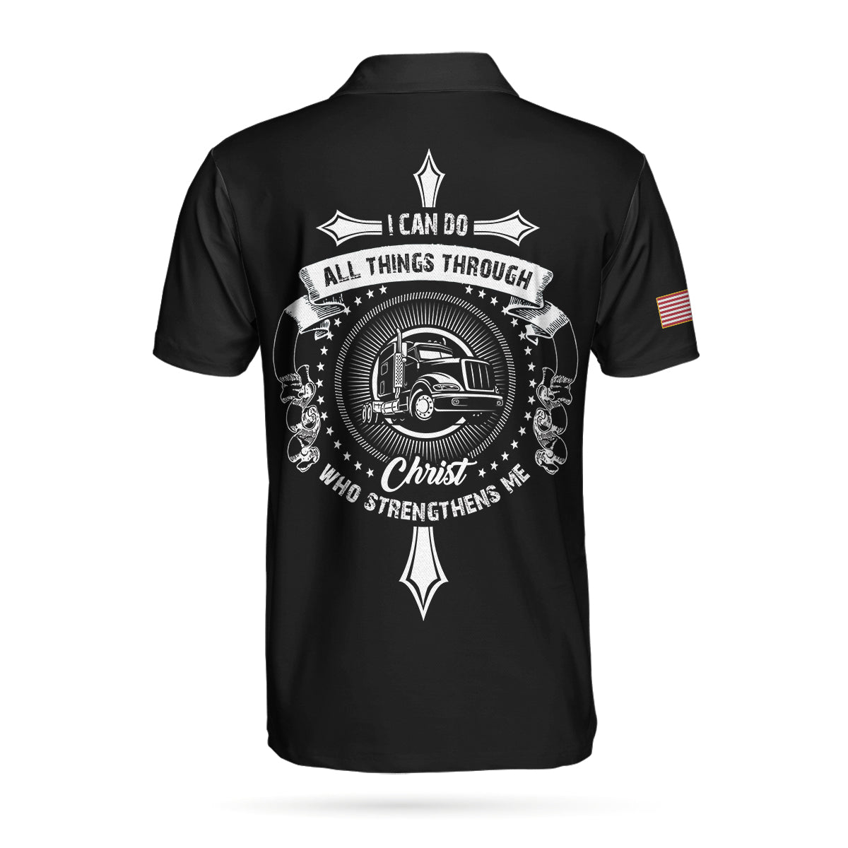 Trucker I Can Do All Things Short Sleeve Custom Polo Shirt, Christian American Flag Polo Shirt For Truckers - Perfect Gift For Men