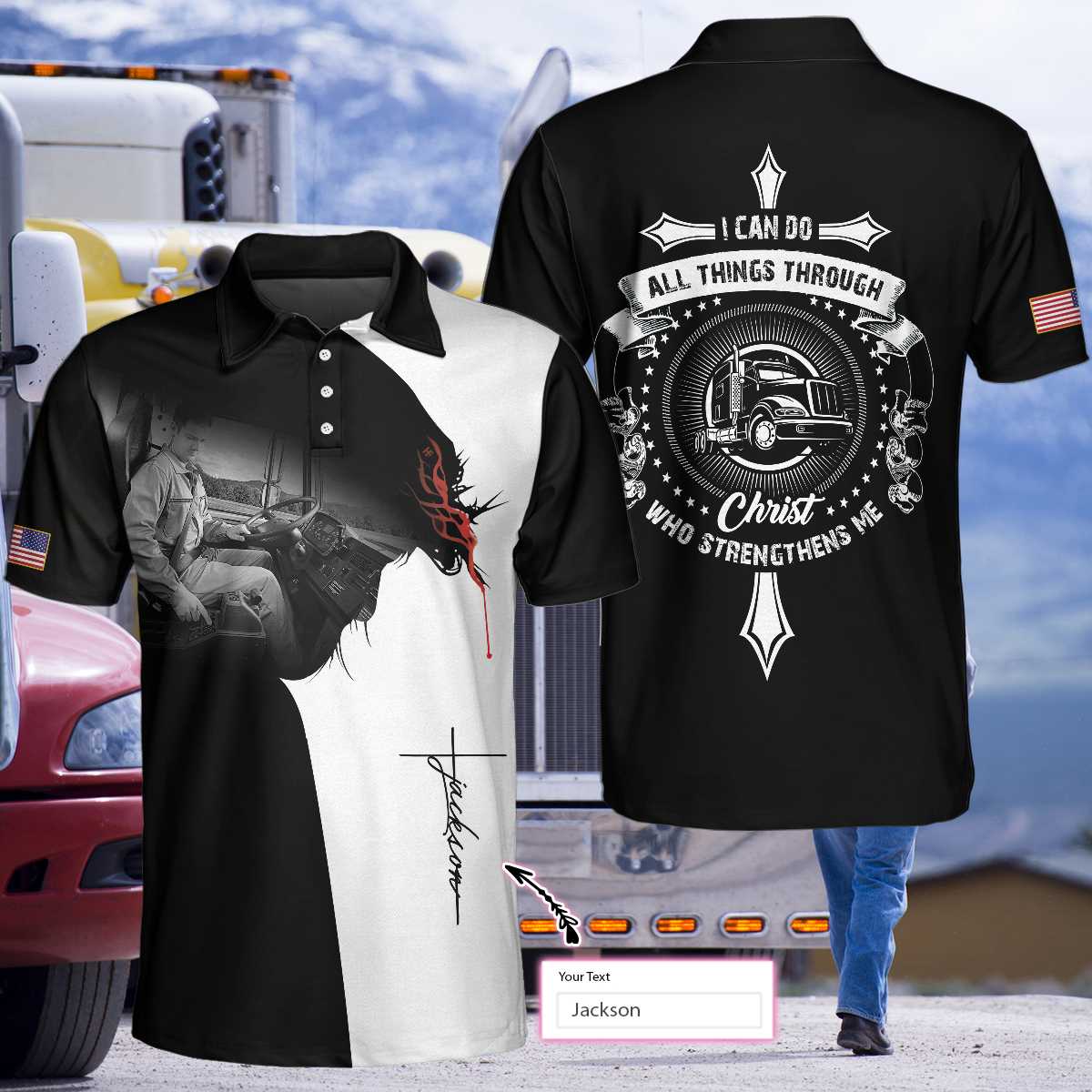 Trucker I Can Do All Things Short Sleeve Custom Polo Shirt, Christian American Flag Polo Shirt For Truckers - Perfect Gift For Men