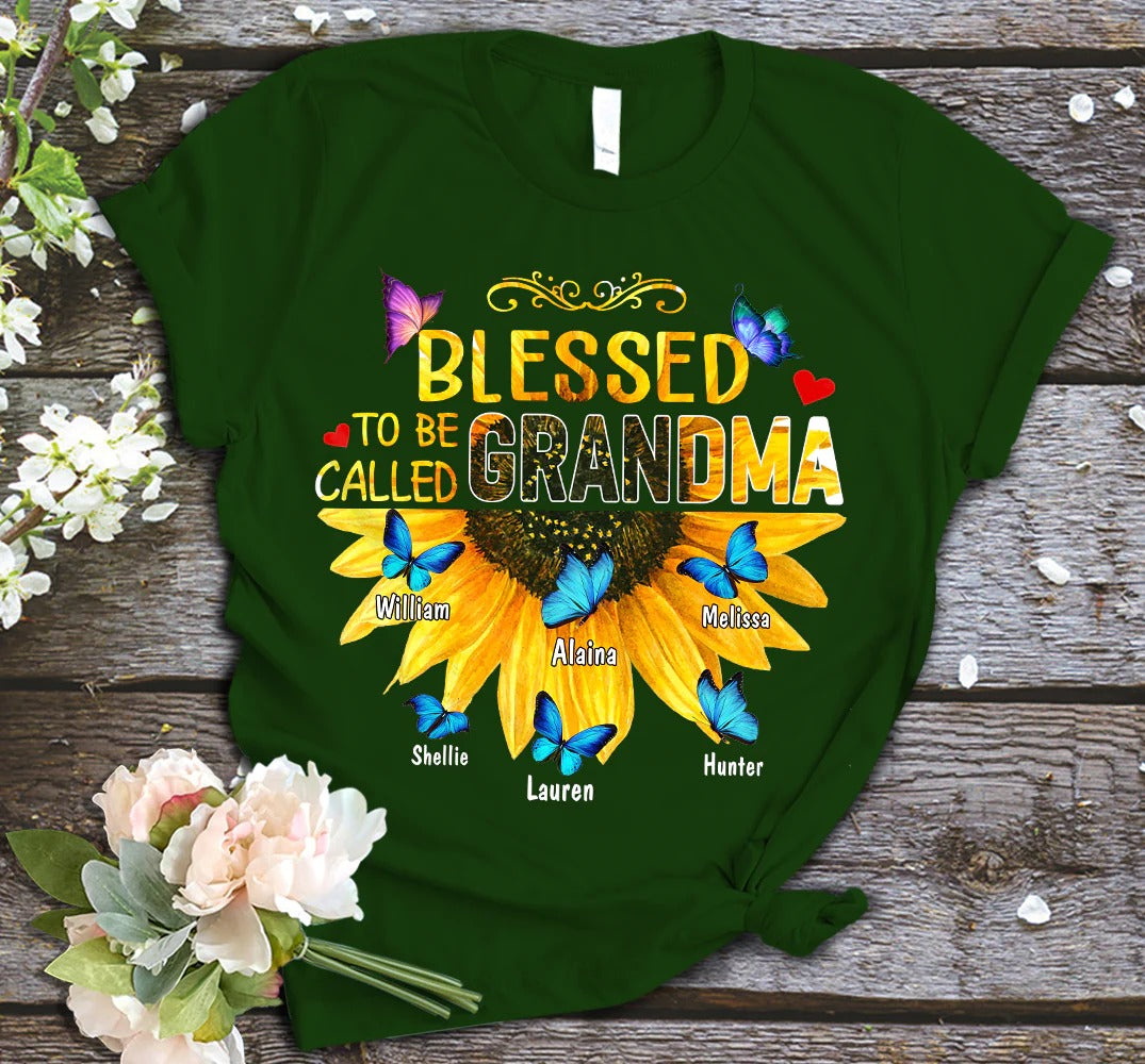 Grandma and Kids Custom Name T-shirt, Blessed To Be Called Grandma Sunflower Gift Personalized Shirt - Perfect Gift For Gigi, Nana, Mimi, Grandma