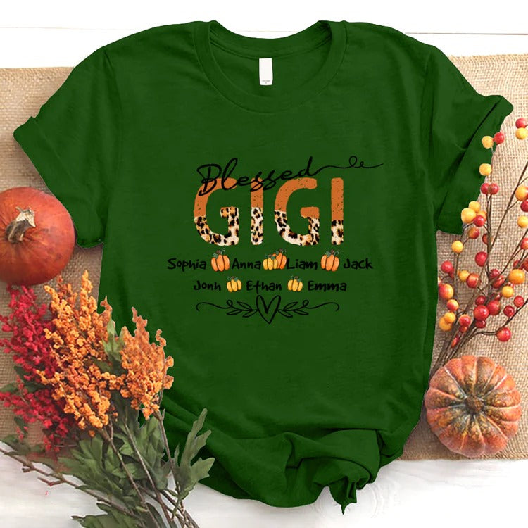 Gigi And Kids Custom Name T-shirt, Mother's Day Shirt, Leopard Blessed Gigi And Kids Pumpkin Personalized Shirt - Perfect Gift For Gigi, Nana, Mimi, Grandma