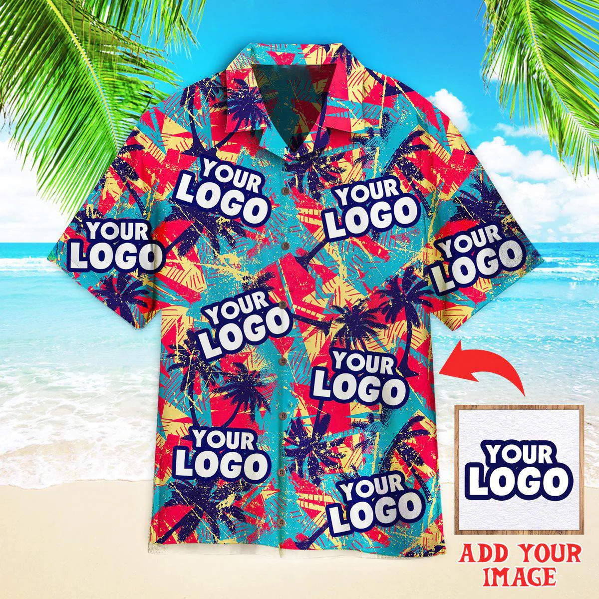 Personalized Hawaiian Shirts, Custom Photo Hawaiian Shirt, Urban Geometric Palms Tree Your Logo Custom Hawaiian Shirt