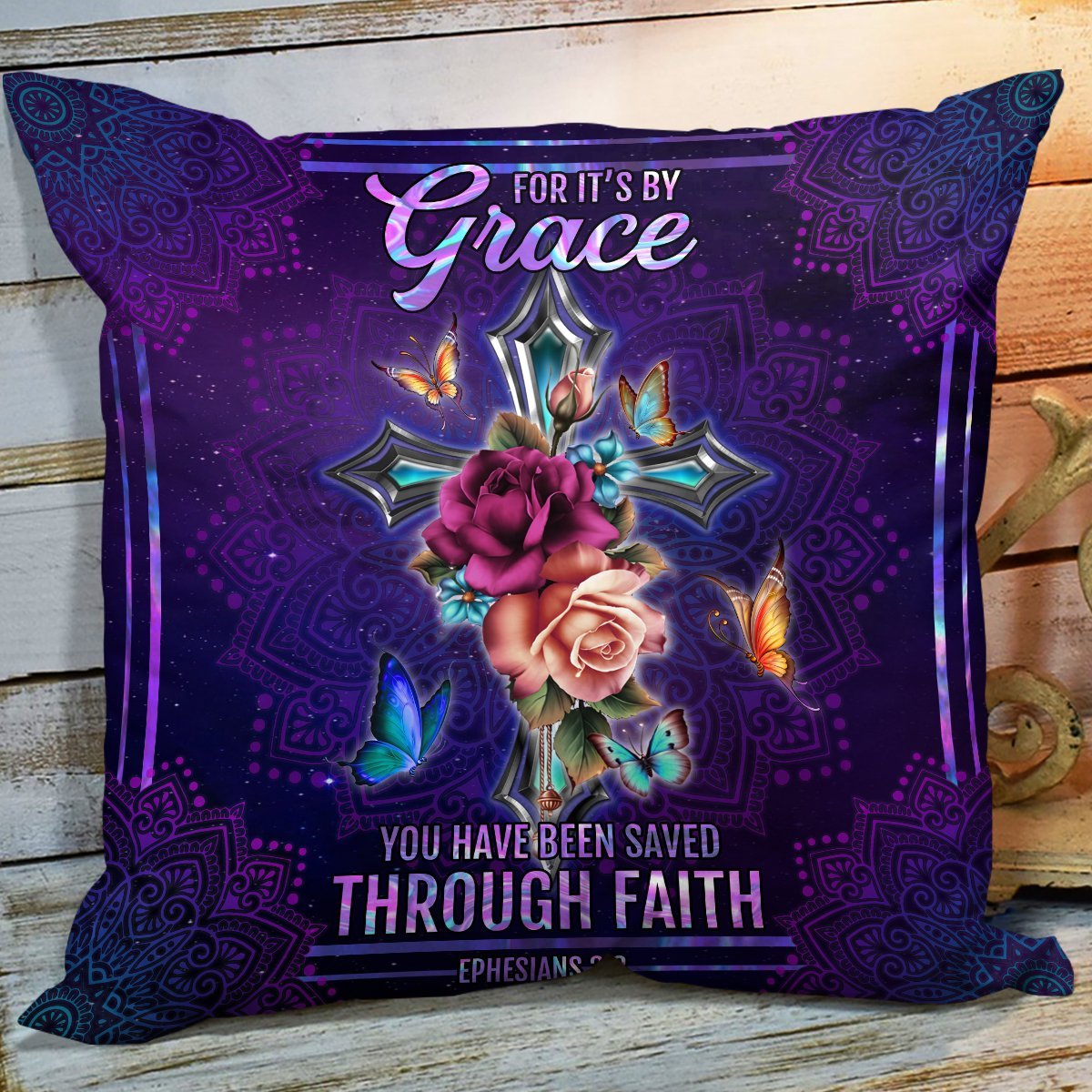 Bible Verse Pillow - Scripture Pillow - God Pillow - You Have Been Saved Through Faith - Stunning Floral Cross Throw Pillow