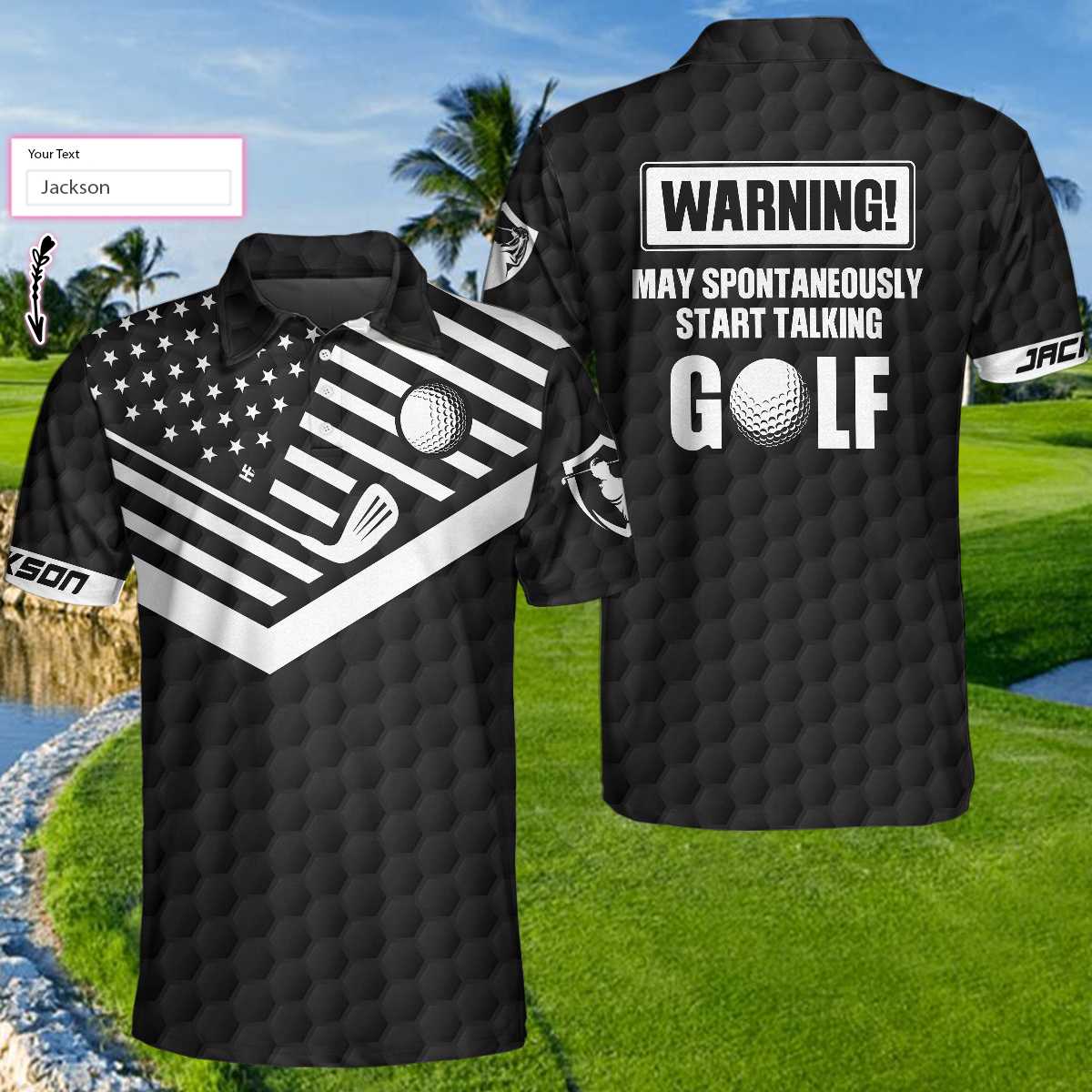 Warning May Spontaneously Start Talking Golf Custom Name Polo Shirt, Personalized American Flag Golf Shirt For Men - Perfect Gift For Men, Golfers