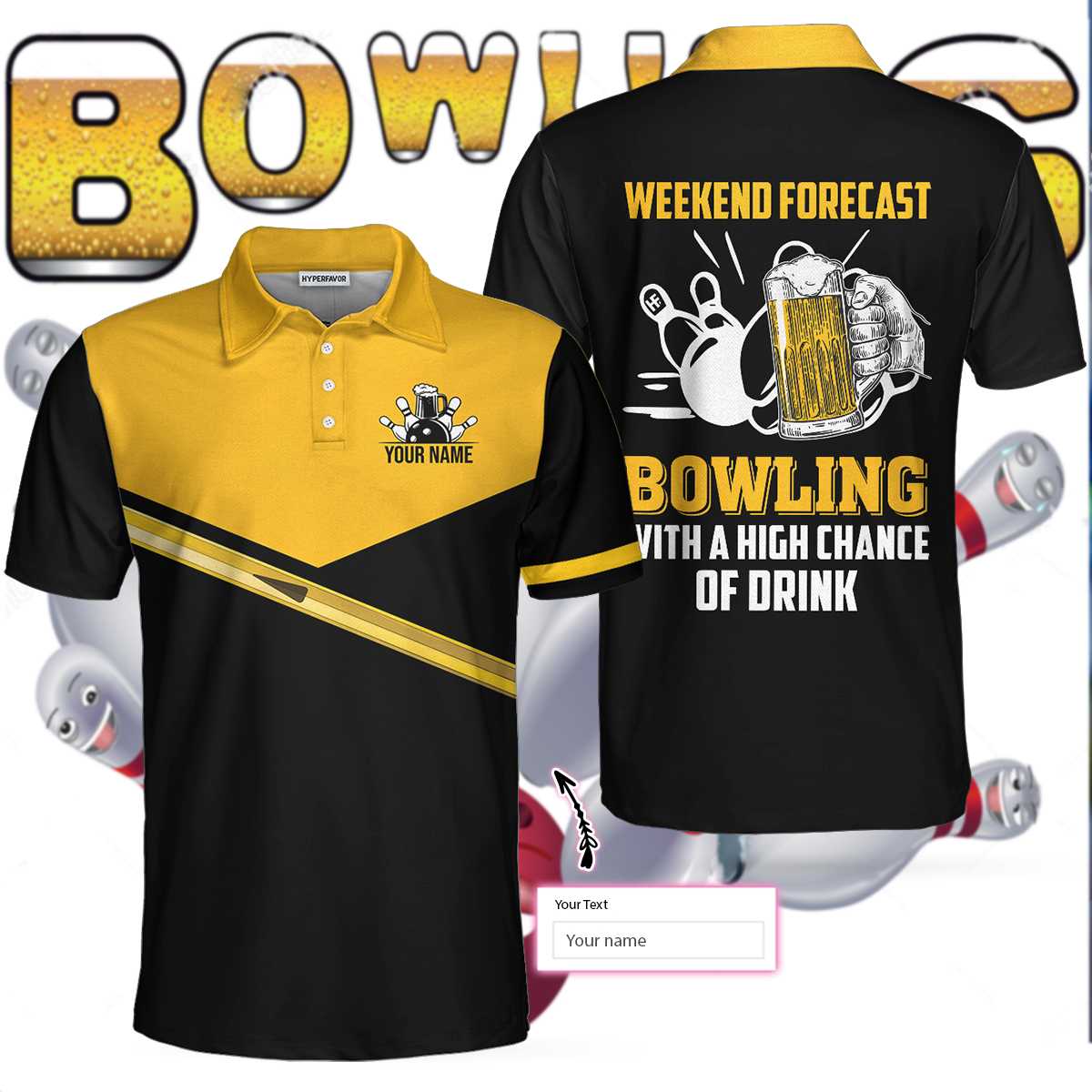 Bowling Custom Men Polo Shirt - Weekend Forecast Bowling With A High Chance Of Drink Custom Polo Shirt - Perfect Gift For Friend, Family, Bowling Lovers