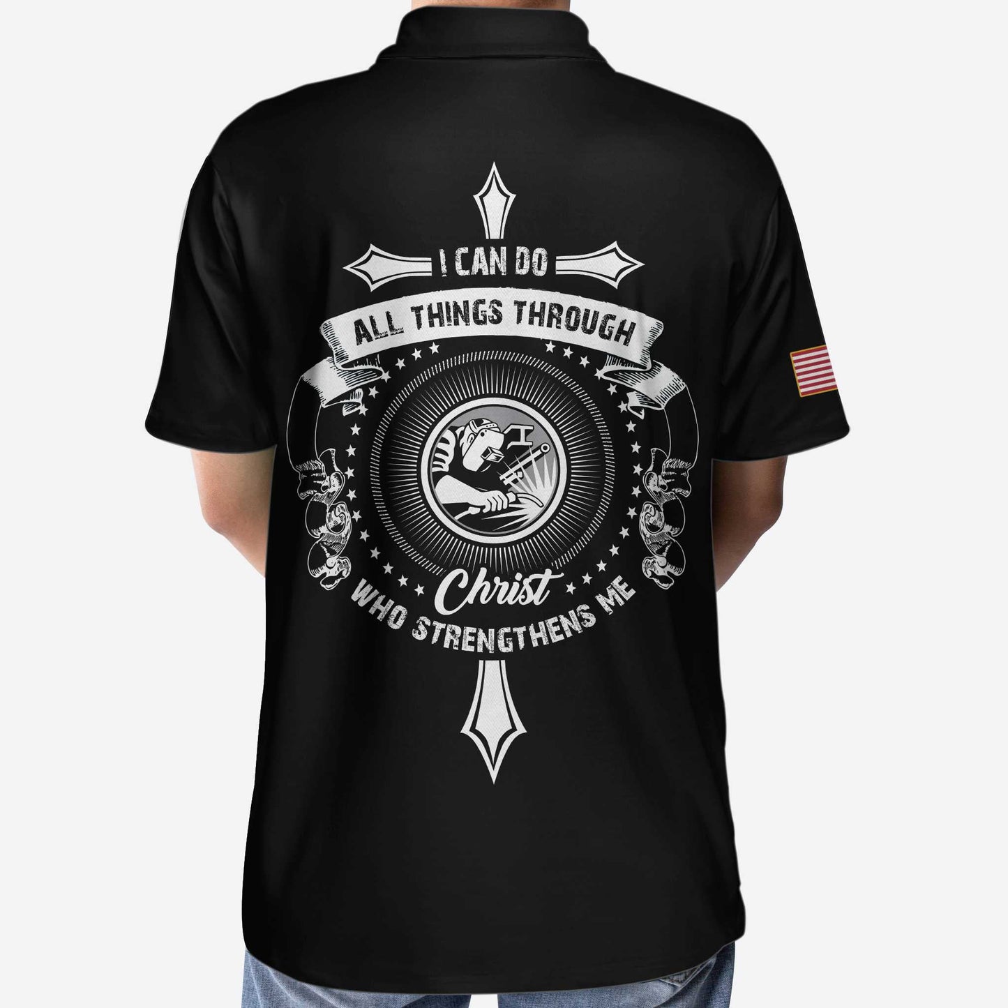 Welder I Can Do All Things Custom Name Polo Shirt, Personalized Black And White Christian Welder Custom Polo Shirt - Perfect Gift For Men