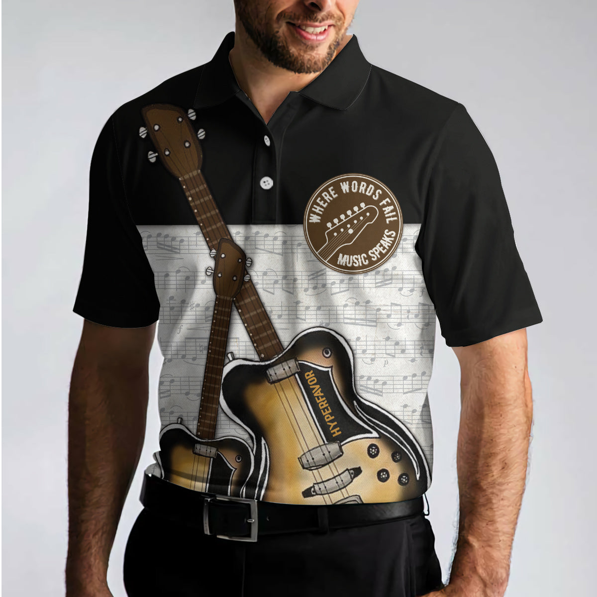 Where Words Fail Music Speaks Guitar Polo Shirt, Black And White Music Polo Shirt, Best Guitar Shirt - Perfect Gift For Men