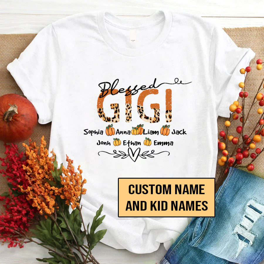 Gigi And Kids Custom Name T-shirt, Mother's Day Shirt, Leopard Blessed Gigi And Kids Pumpkin Personalized Shirt - Perfect Gift For Gigi, Nana, Mimi, Grandma
