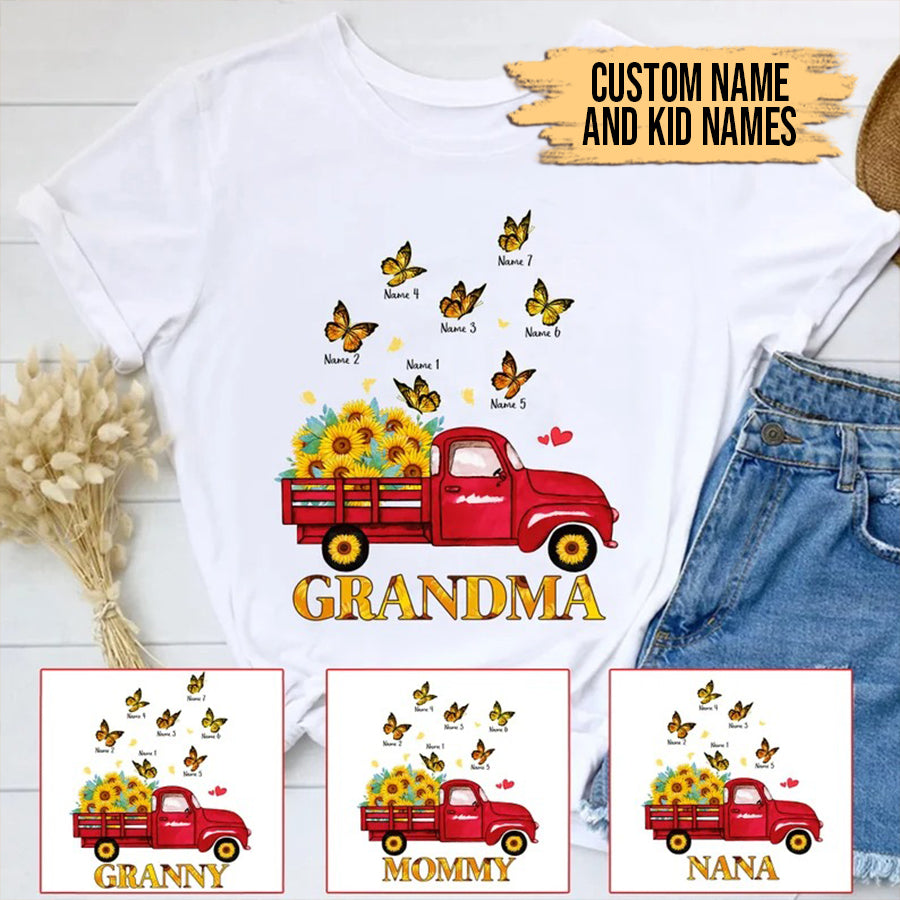 Grandma and Kids Custom Name T-shirt, Mom Butterfly Sunflowers Grandkids Name Shirt Personalized Shirt - Perfect Gift For Gigi, Nana, Mimi, Grandma