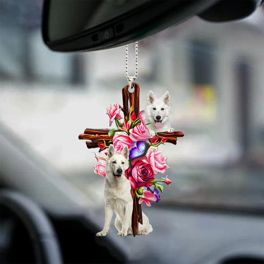 White German Shepherd Roses and Jesus Ornament - Dog Car Hanging Ornament - Gift For Dog Mom, Dog Lover, Dog Owner