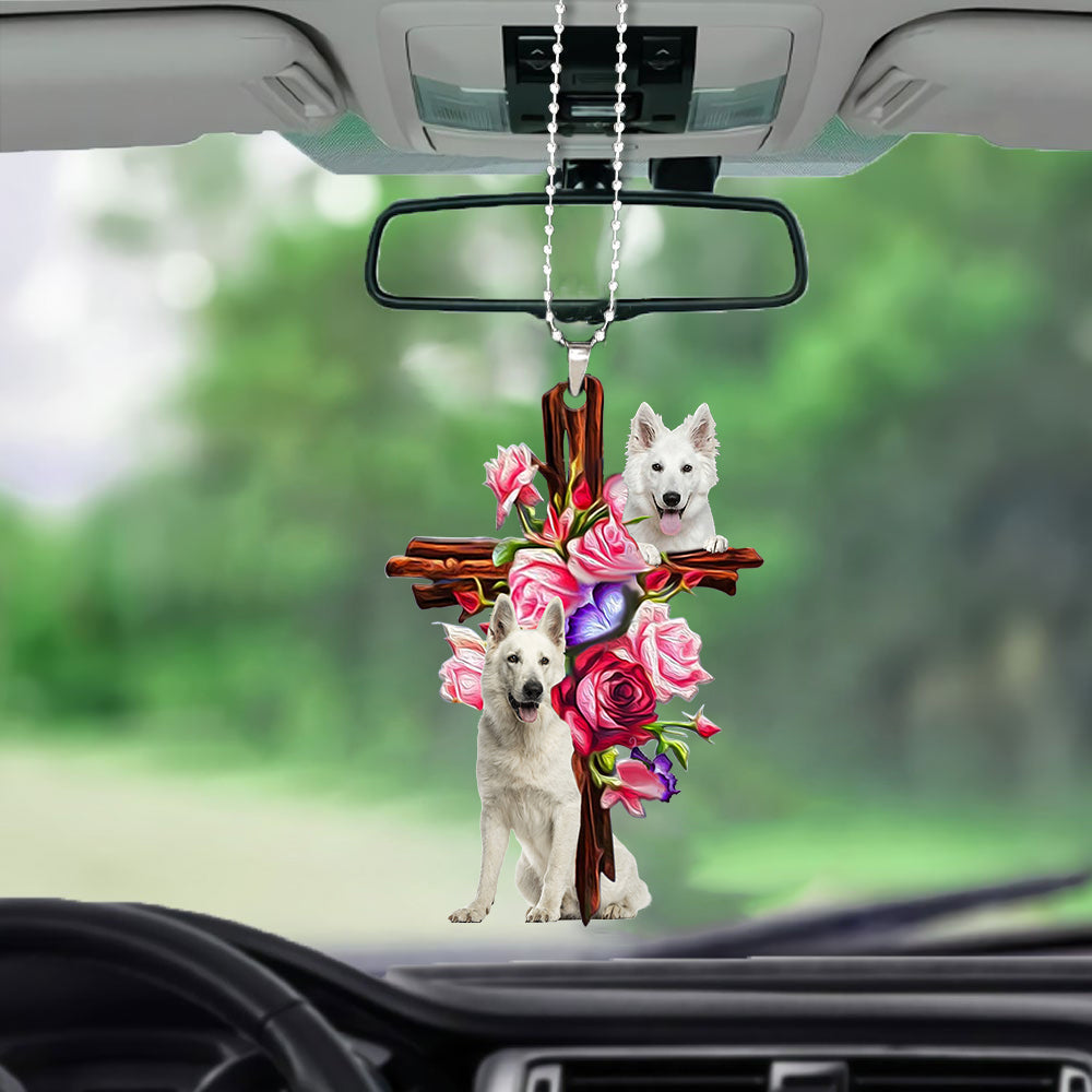 White German Shepherd Roses and Jesus Ornament - Dog Car Hanging Ornament - Gift For Dog Mom, Dog Lover, Dog Owner
