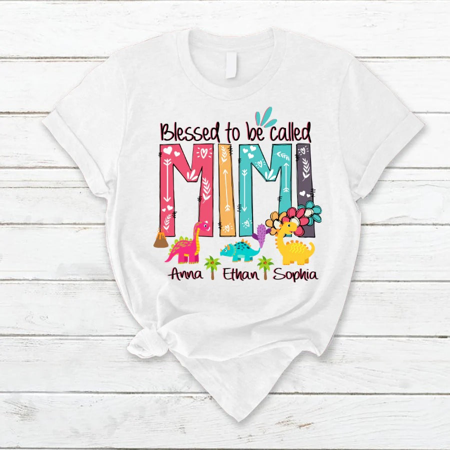 Mimi and Kids Custom Name T-shirt, Blessed To Be Called Mimi Dinosaur Personalized Shirt - Perfect Gift For Gigi, Nana, Mimi, Grandma