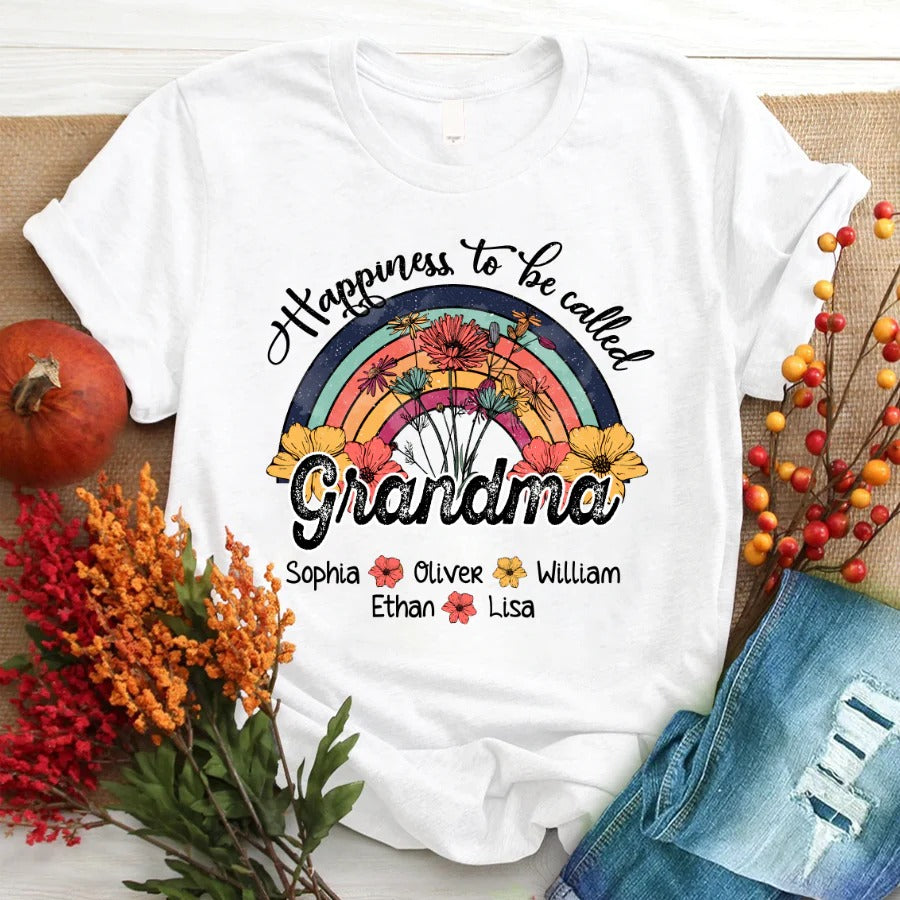 Grandma and Kids Custom Name T-shirt, Vintage Flower Happiness To Be Called Grandma By Grandkids Personalized Shirt - Perfect Gift For Gigi, Nana, Mimi, Grandma