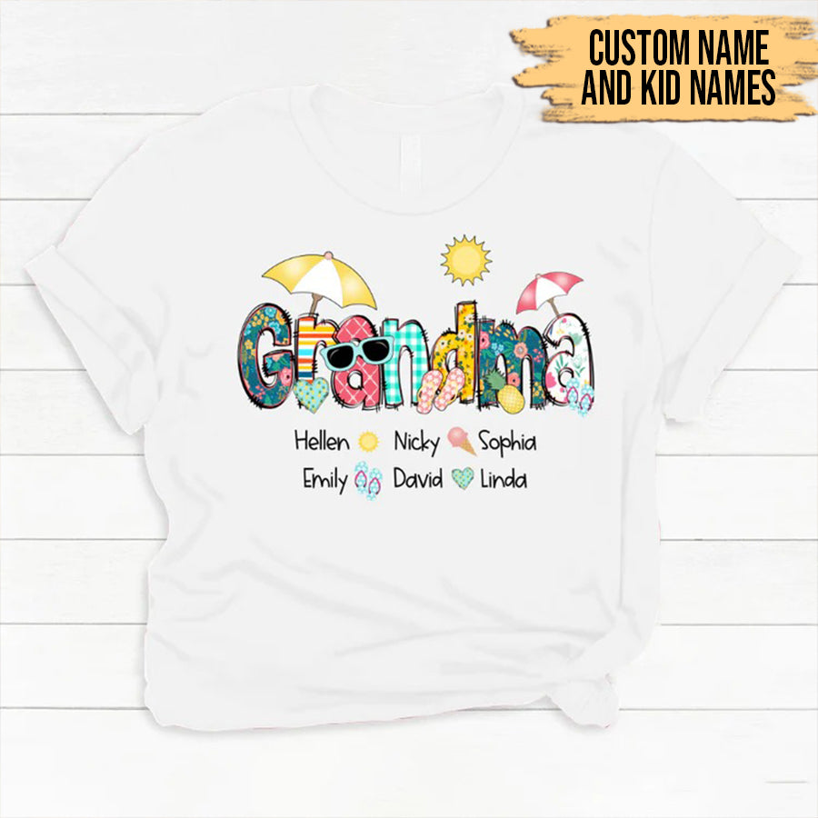 Grandma and Kids Custom Name T-shirt, Summer Grandma With Grandkids Name Personalized Shirt - Perfect Gift For Gigi, Nana, Mimi, Grandma