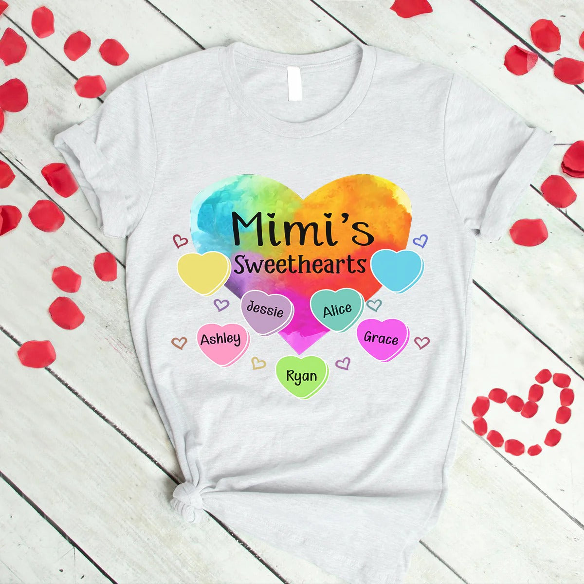 Grandma and Kids Custom Name T-shirt, Grandma Sweethearts With Grandkids Heart Color Art Personalized Shirt - Perfect Gift For Gigi, Nana, Mimi, Grandma