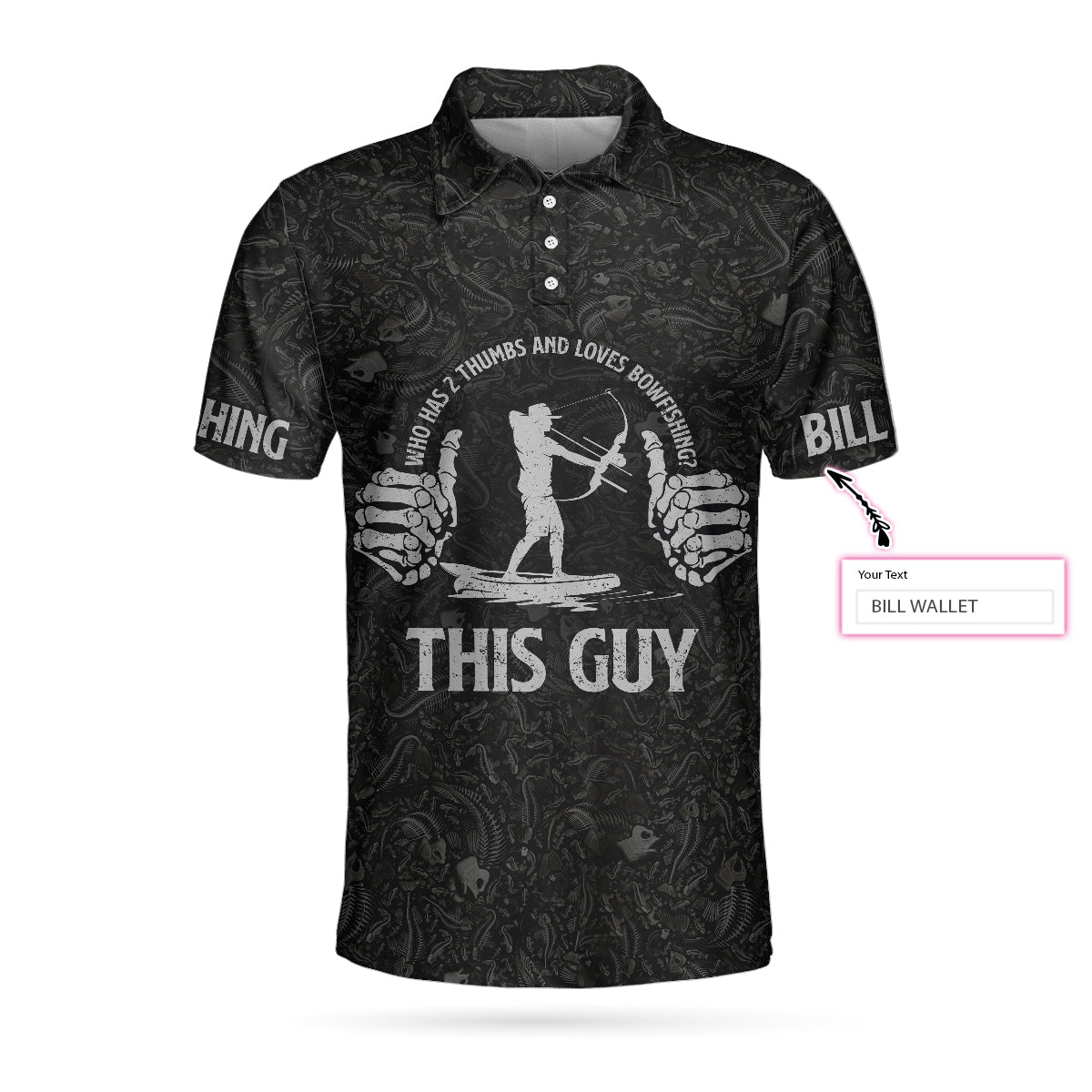 Who Has 2 Thumbs And Loves Bowfishing Custom Polo Shirt, Fish Skeleton Pattern Archer Reaper Polo Shirt, Best Fishing Shirt - Perfect Gift For Men