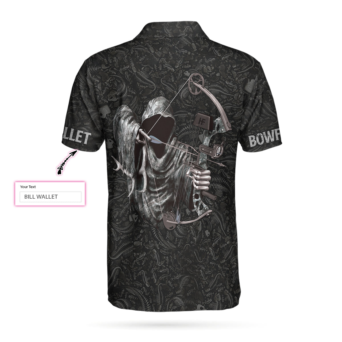 Who Has 2 Thumbs And Loves Bowfishing Custom Polo Shirt, Fish Skeleton Pattern Archer Reaper Polo Shirt, Best Fishing Shirt - Perfect Gift For Men