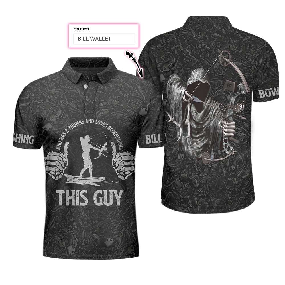 Who Has 2 Thumbs And Loves Bowfishing Custom Polo Shirt, Fish Skeleton Pattern Archer Reaper Polo Shirt, Best Fishing Shirt - Perfect Gift For Men