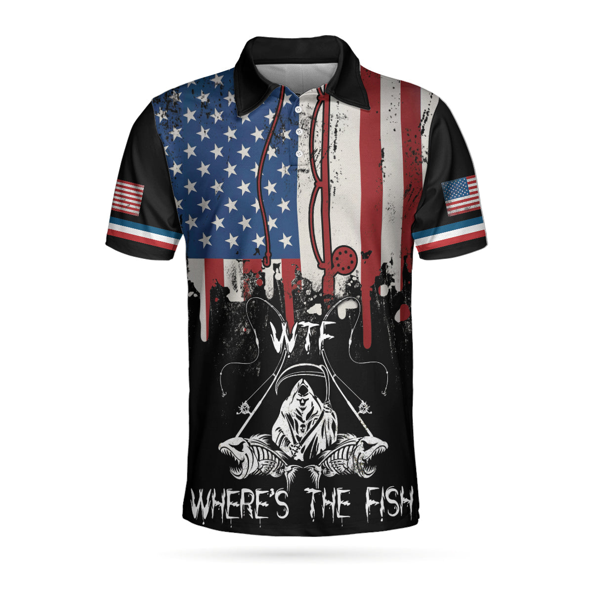 Woman Want Me Fishes Fear Me Black Version Polo Shirt, Fish Skeleton Reaper American Flag Polo Shirt, Best Fishing Shirt For Men