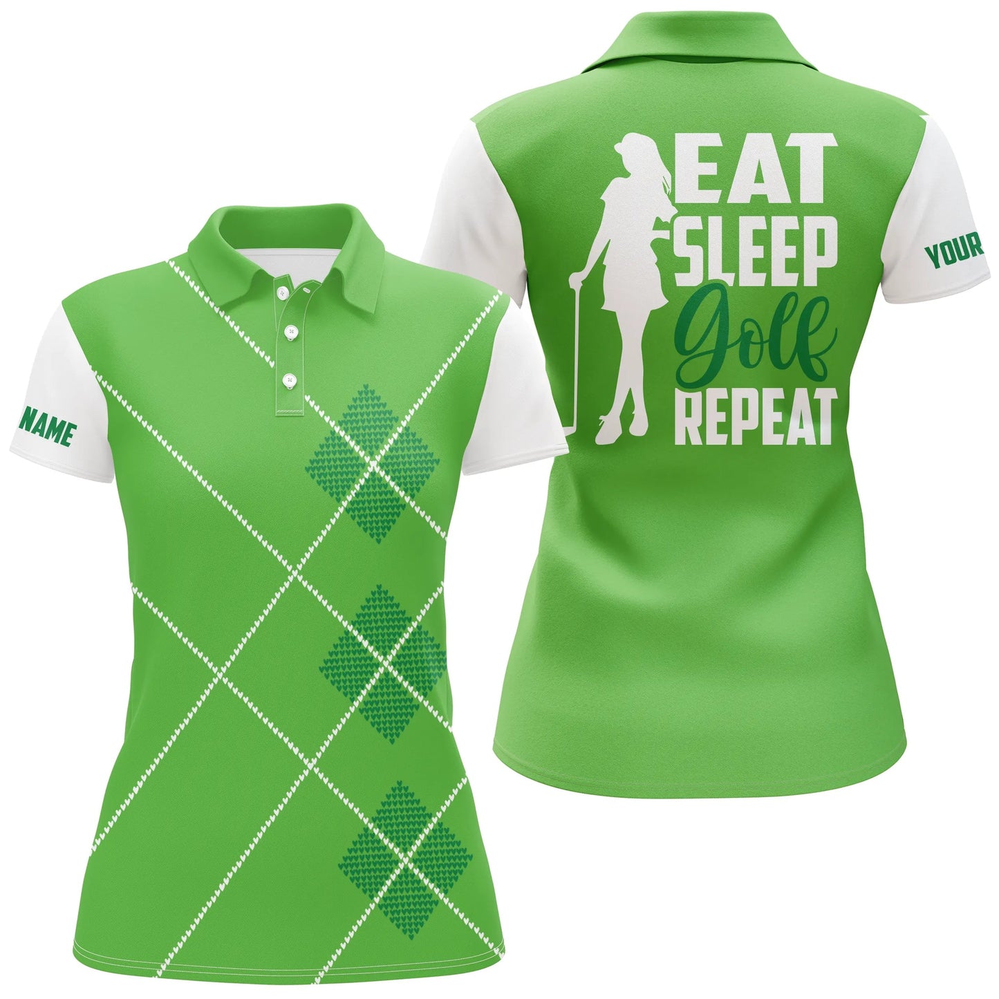 Women Golf Polo Shirt Custom Name Eat Sleep Golf Repeat Green Argyle Pattern Ladies Golf Top For Women, Perfect Gift For Women