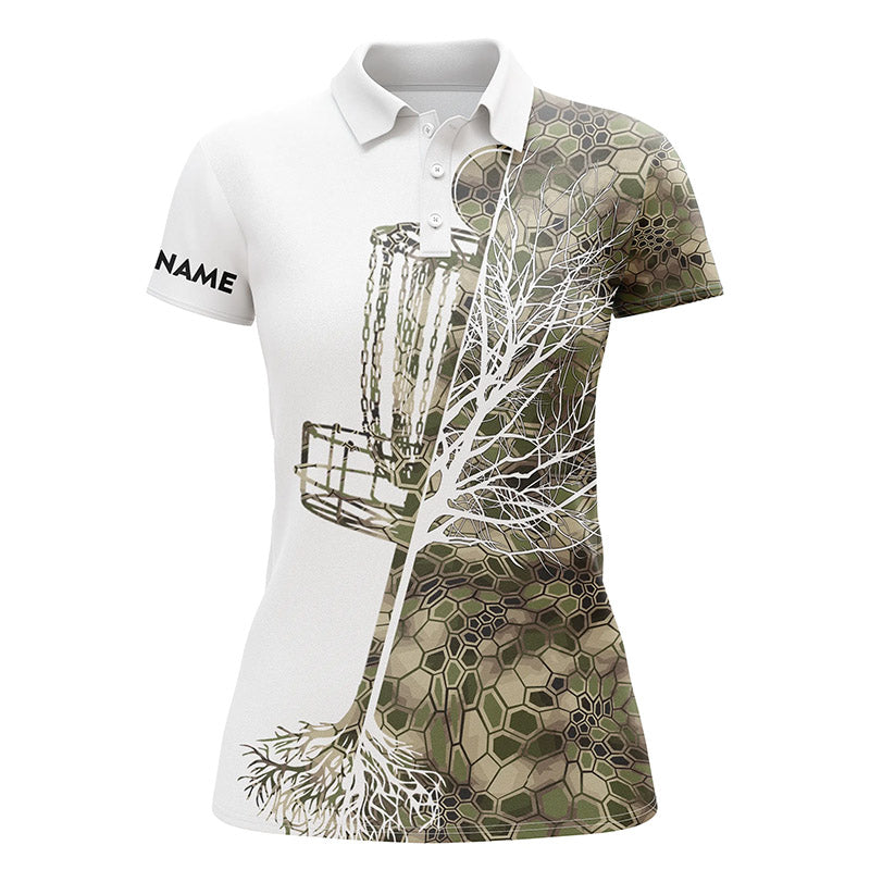 Womens Disc Golf Polo Shirt Custom Name Green Camo Disc Golf Basket, Personalized Disc Golf Shirts , Perfect Gift For Women