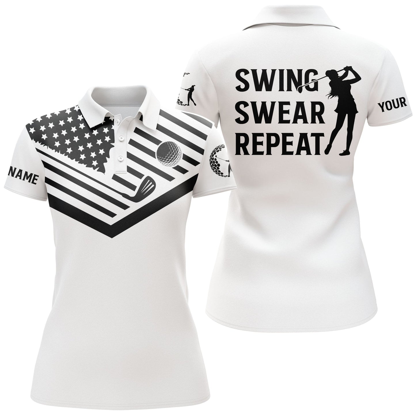 Womens Golf Polo Shirt Pink Galaxy American Flag Custom Name Swing Swear Repeat White Golf Shirt, Perfect Gift For Women