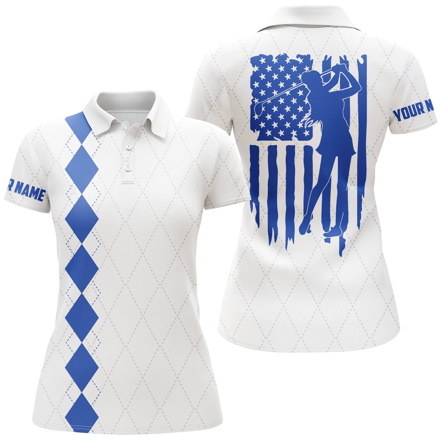 Womens Golf Polo Shirt Blue American Flag Patriotic Golf Shirts Custom Name Golf Gifts, Best Golfing Gift For Women