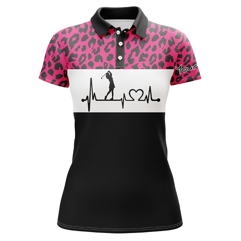 Womens Golf Polo Shirt Custom Name Pink Leopard Pattern Golf Heartbeat, Golfing Gifts For Women , Best Golfing Gift For Women
