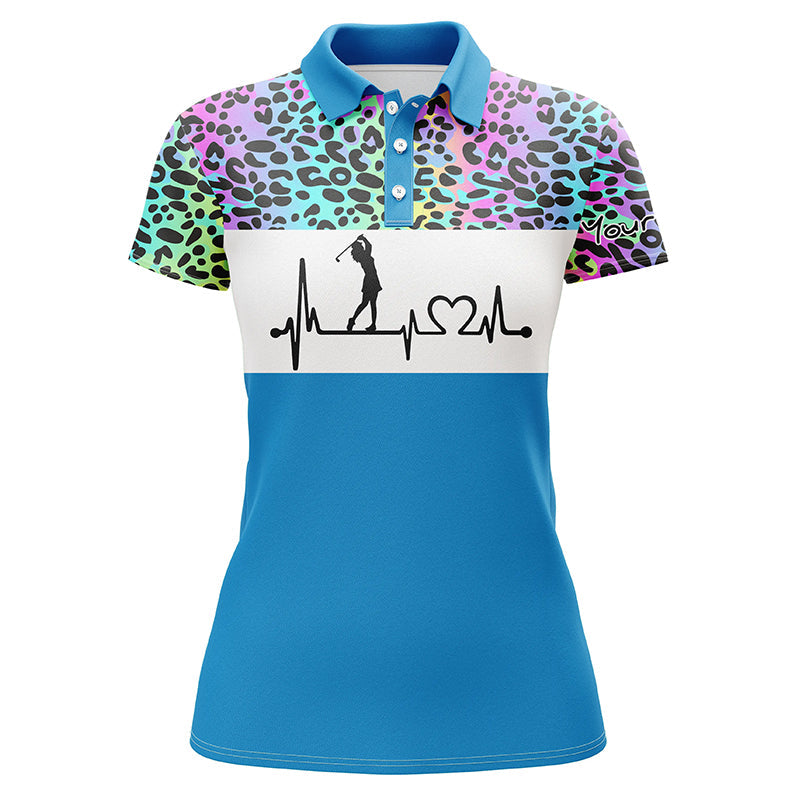 Womens Golf Polo Shirt Custom Name Rainbow Gradient Leopard Golf Heartbeat, Golfing Gifts For Women
