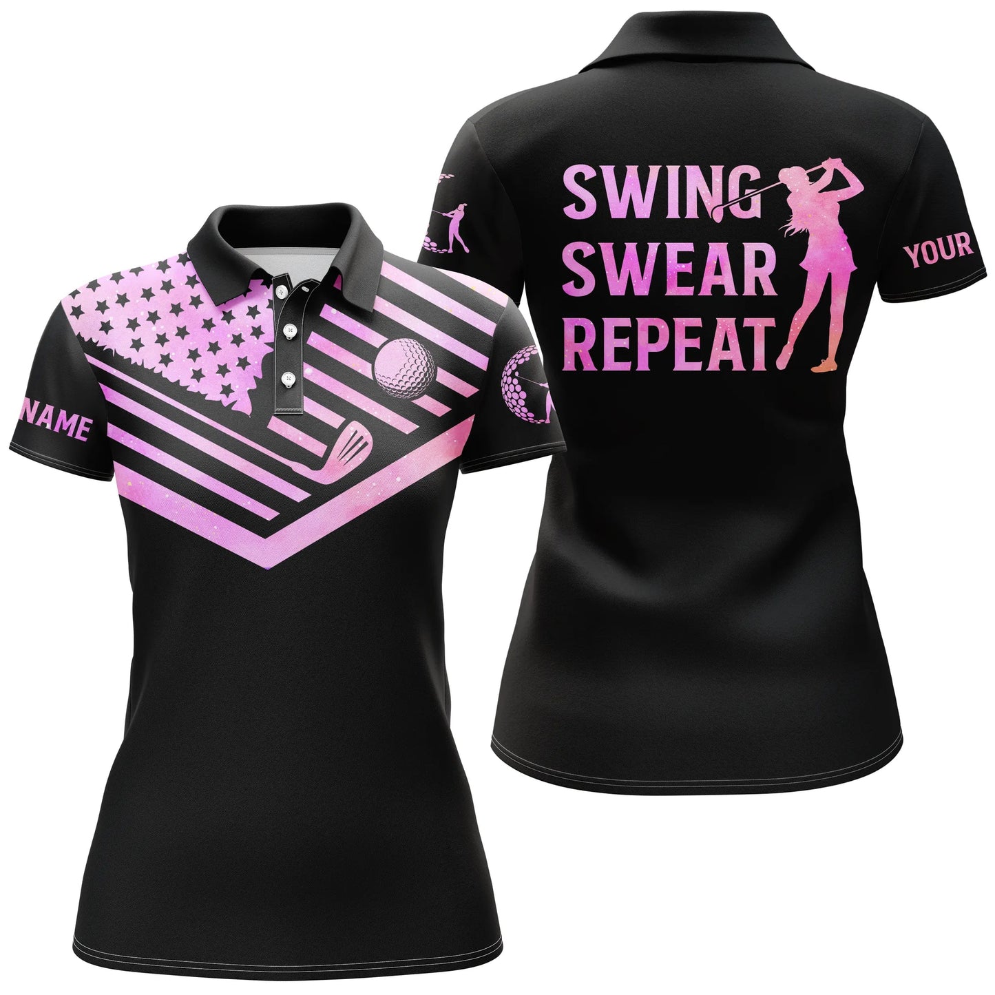 Womens Golf Polo Shirt Galaxy American Flag Custom Name Swing Swear Repeat White Golf Shirt, Perfect Gift For Women
