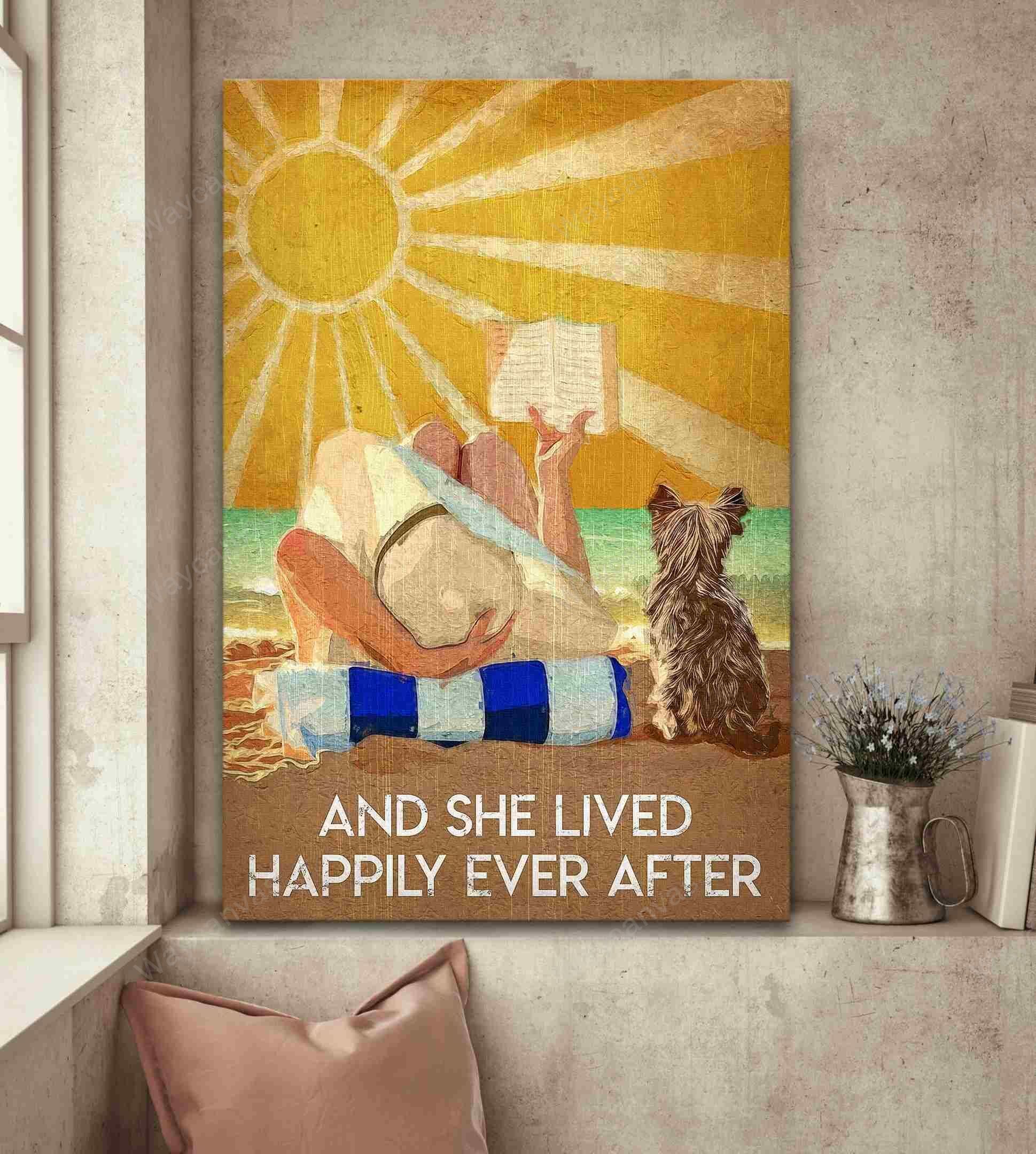 Yorkshire Terrier Portrait Canvas- Beautiful girl, Yorkshire Terrier, Sand beach, Sunshine canvas- Gift for Yorkshire Terrier lover-And she lives happily ever after
