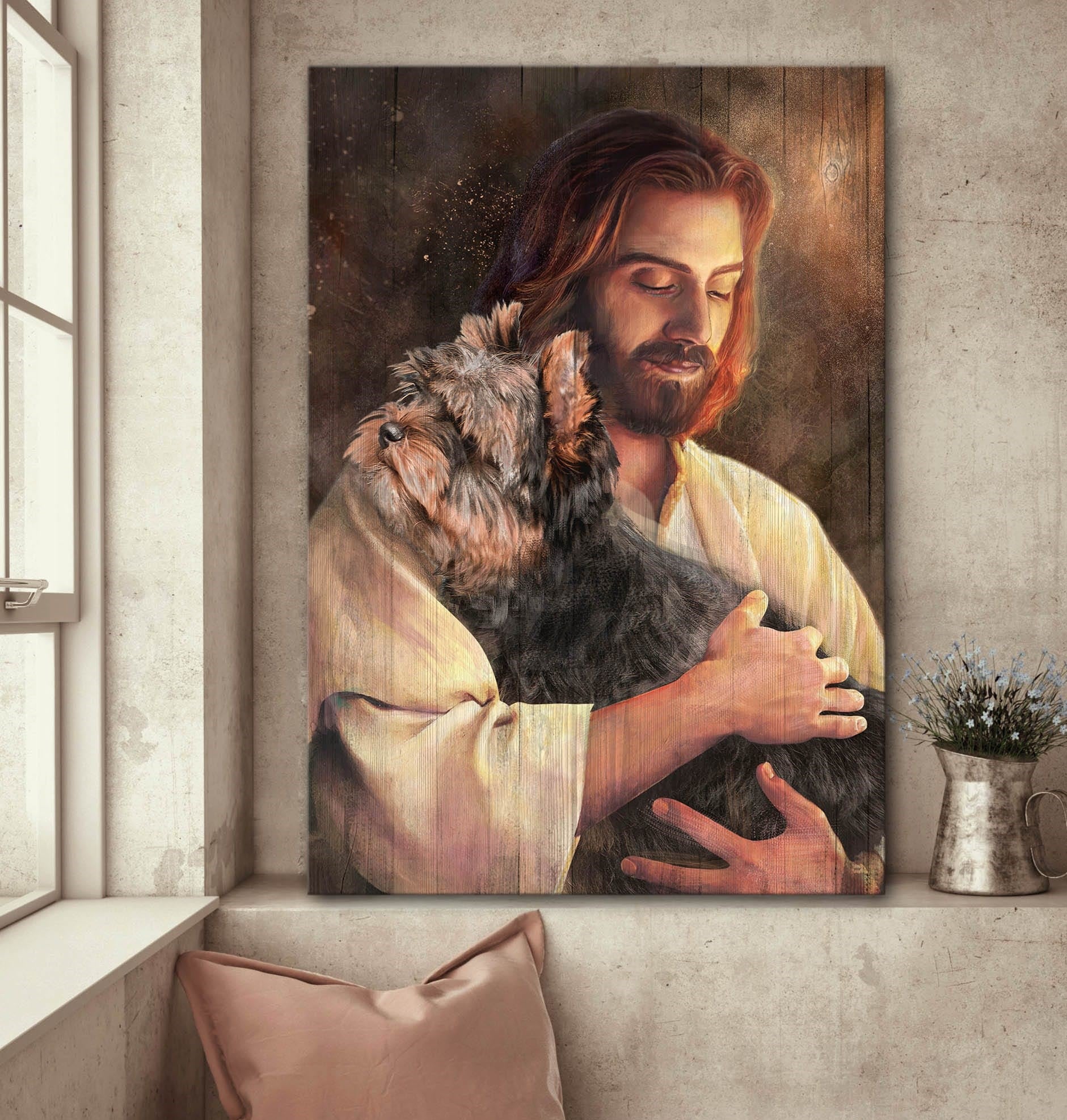 Yorkshire Terrier Dog Portrait Canvas - Yorkshire Terrier, In His Arms, Jesus Painting Canvas - Gift For Yorkshire Terrier, Dog Lovers
