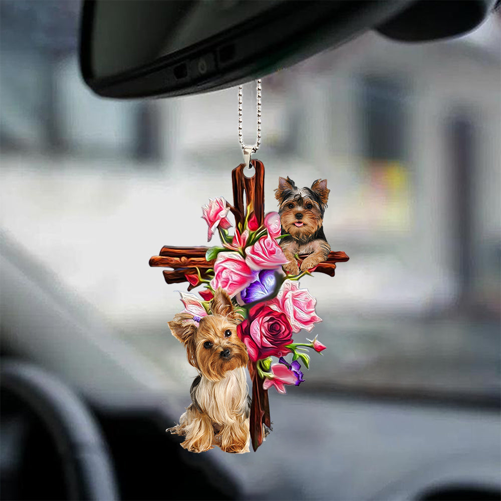 Yorkshire Terrier Yorkie Roses and Jesus Ornament - Dog Car Hanging Ornament - Gift For Dog Mom, Dog Lover, Dog Owner
