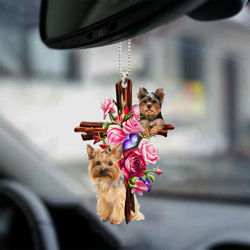 Yorkshire Terrier Yorkie Roses and Jesus Ornament - Dog Ornaments - Dog Car Hanging Ornament - Gift For Dog Mom, Dog Lover, Dog Owner