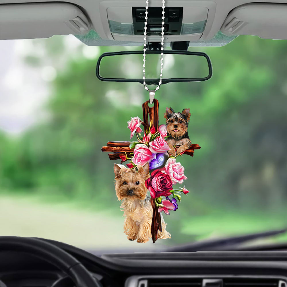 Yorkshire Terrier Yorkie Roses and Jesus Ornament - Dog Ornaments - Dog Car Hanging Ornament - Gift For Dog Mom, Dog Lover, Dog Owner