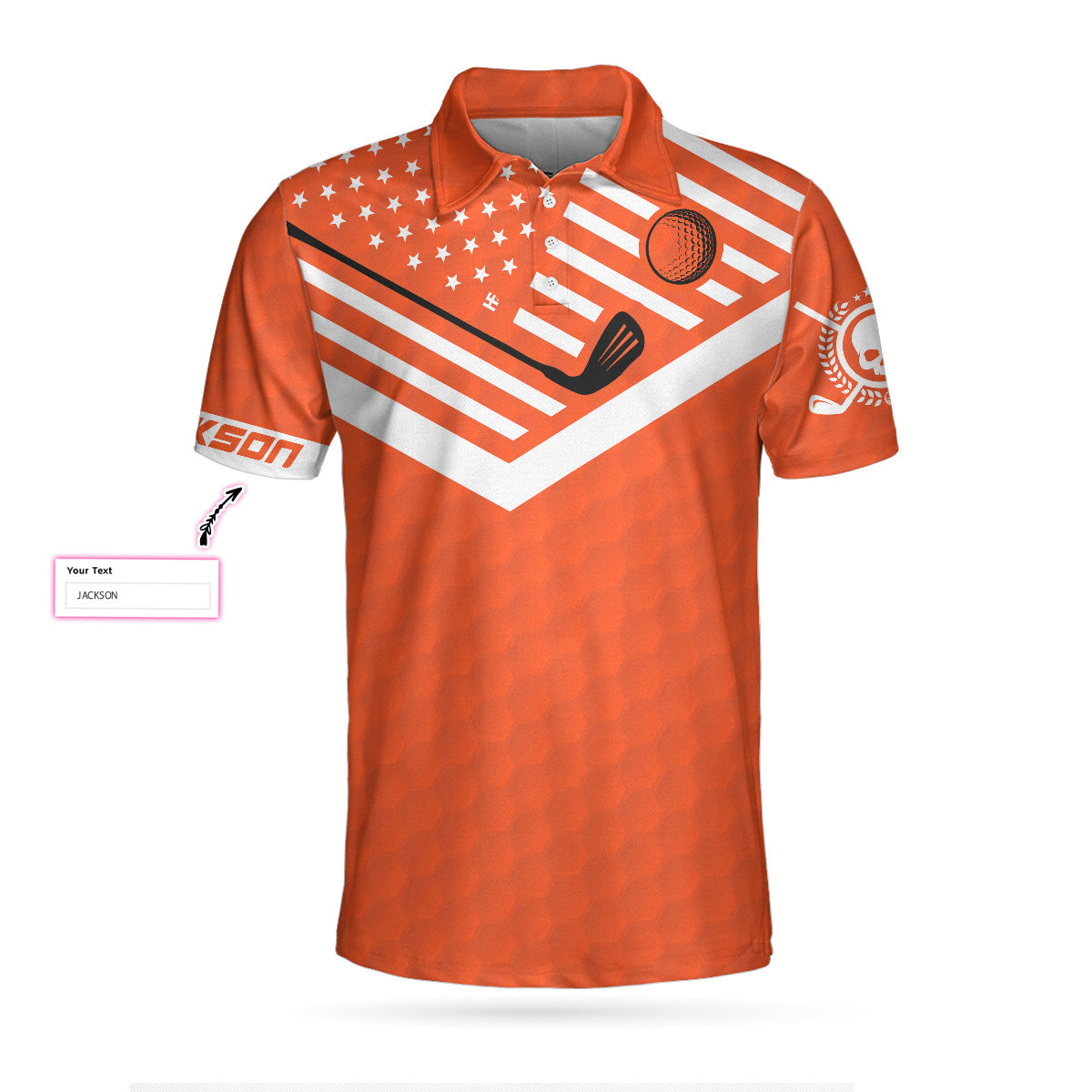 Your Hole Is My Goal Bones Men's Custom Polo Shirt, Personalized Orange American Flag Golf Shirt For Men