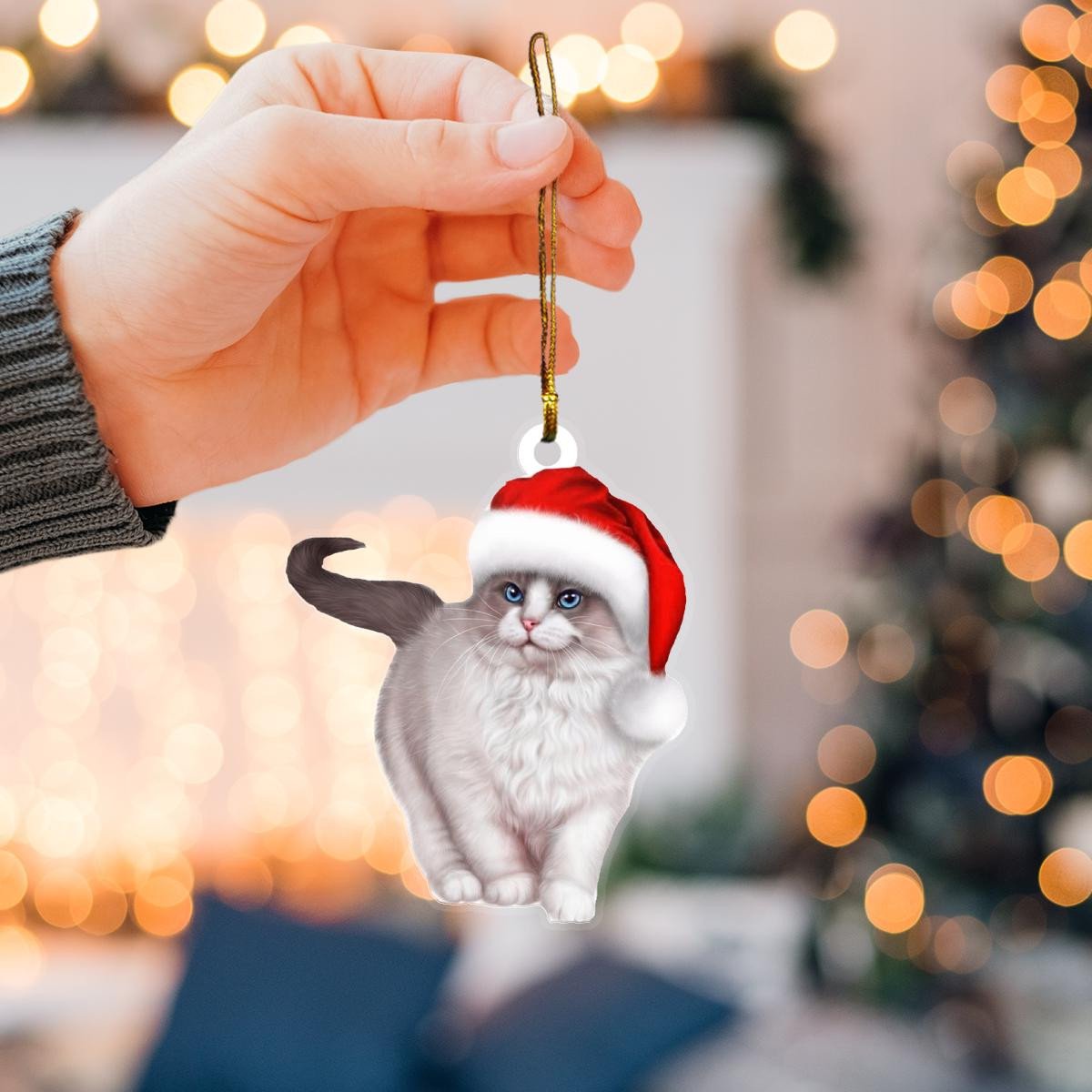 Ragdoll Cat Santa Claus Red Hat Custom Plastic Acrylic Ornaments Xmas Gifts for Family Friends