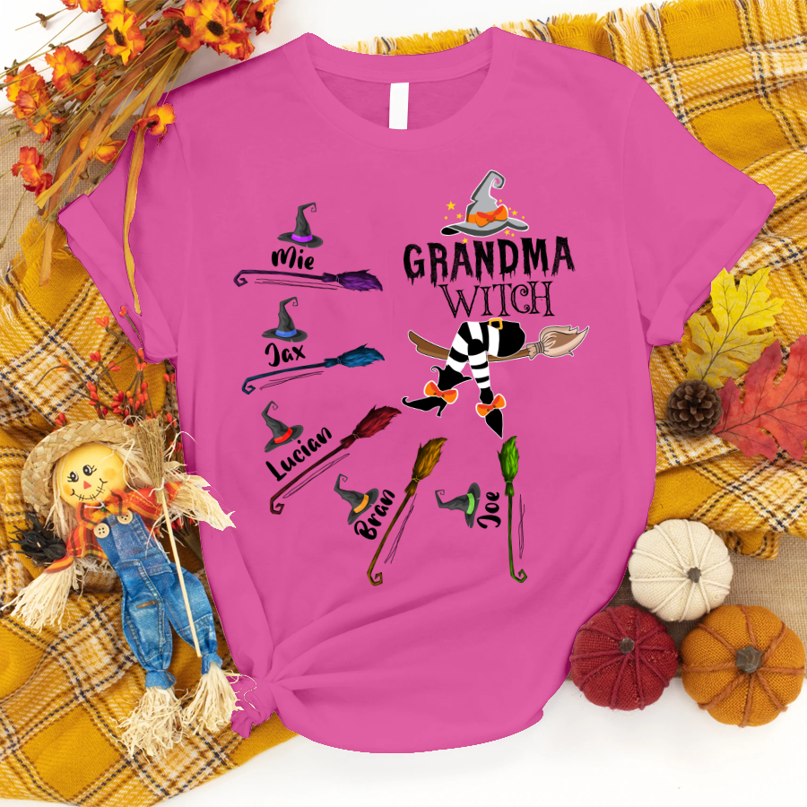 Grandma and Kids Custom Name T-shirt, Grandma Witch And Broom Kids Personalized Shirt - Perfect Gift For Gigi, Nana, Mimi, Grandma