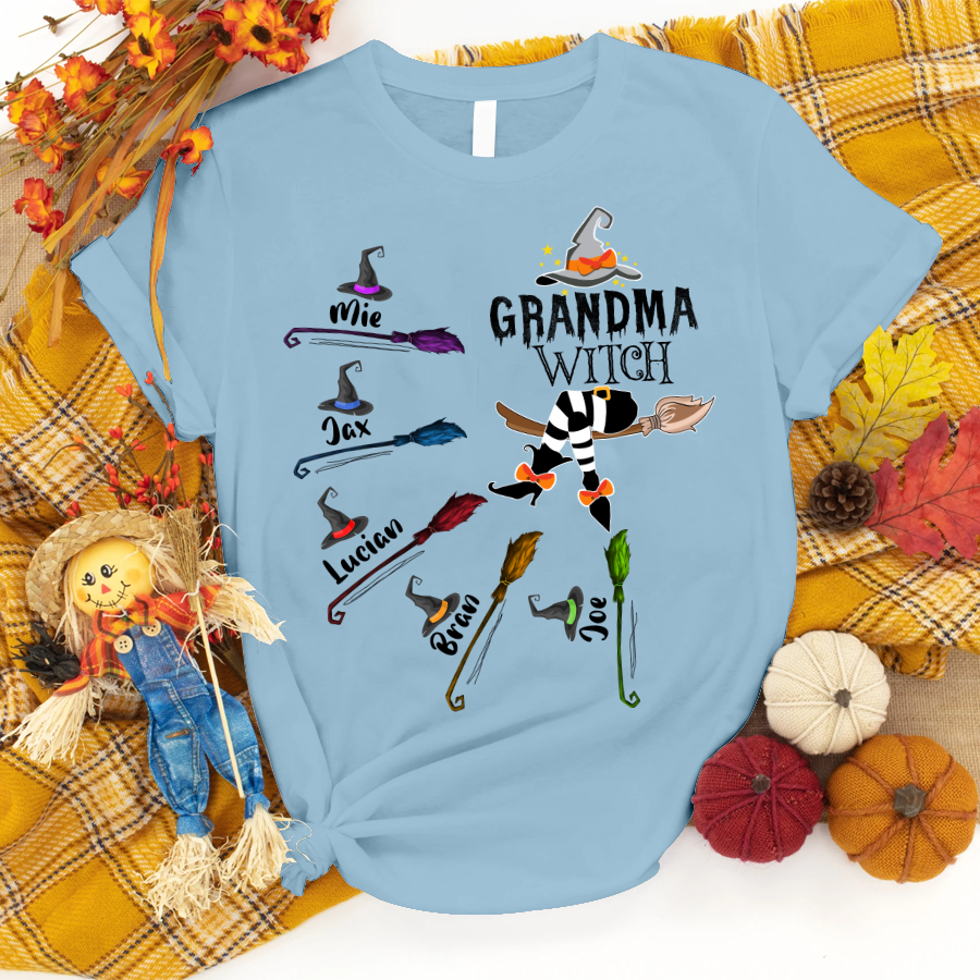 Grandma and Kids Custom Name T-shirt, Grandma Witch And Broom Kids Personalized Shirt - Perfect Gift For Gigi, Nana, Mimi, Grandma