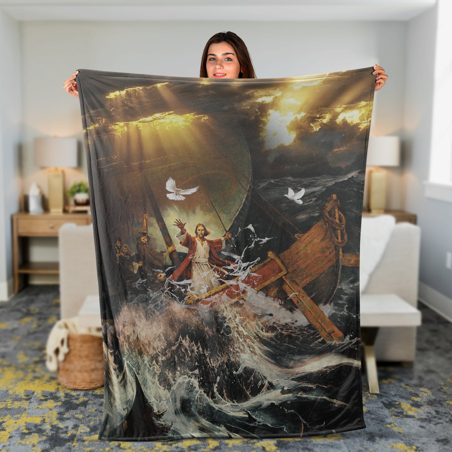 Jesus And Stunning Ocean Blanket, Christian Throw Blanket, Jesus Blanket, Butterfly Blanket, Inspirational Gift, Dove Symbol, Walking With Jesus