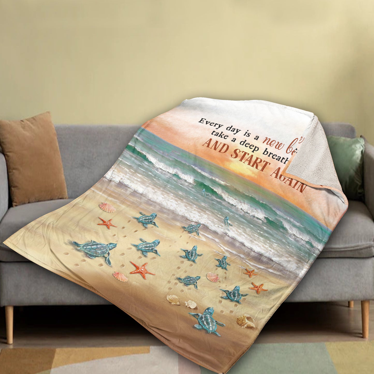 Sunset And Sea Turtle Blanket, Beach Blanket, Inspirational Gift, Motivation Gift For Mother, Grandma, Family, Friends - Every Day Is A New Beginning