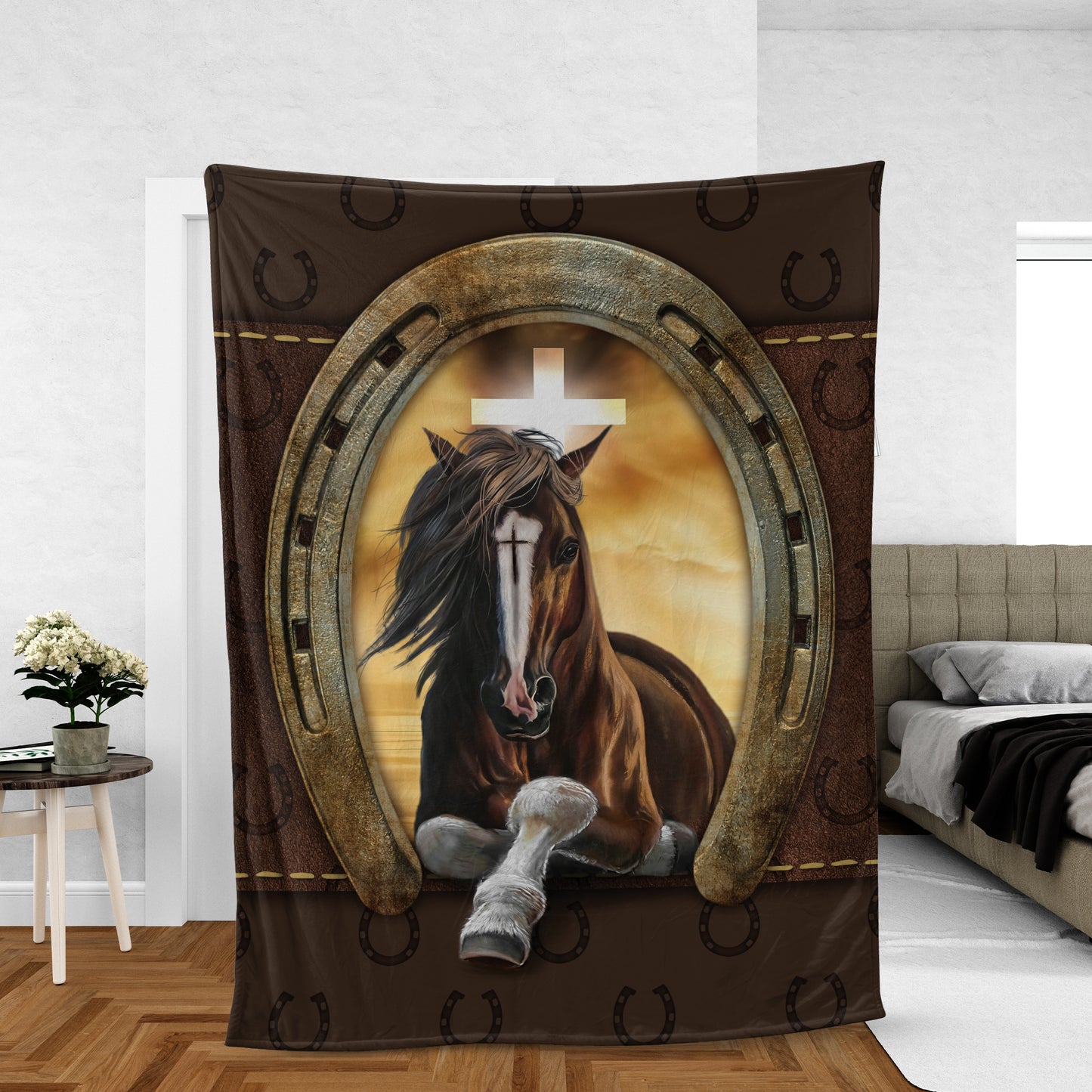 Jesus Blanket- Black horse, Golden horseshoe, Cross symbol, Orange sunset - Gift For Christian