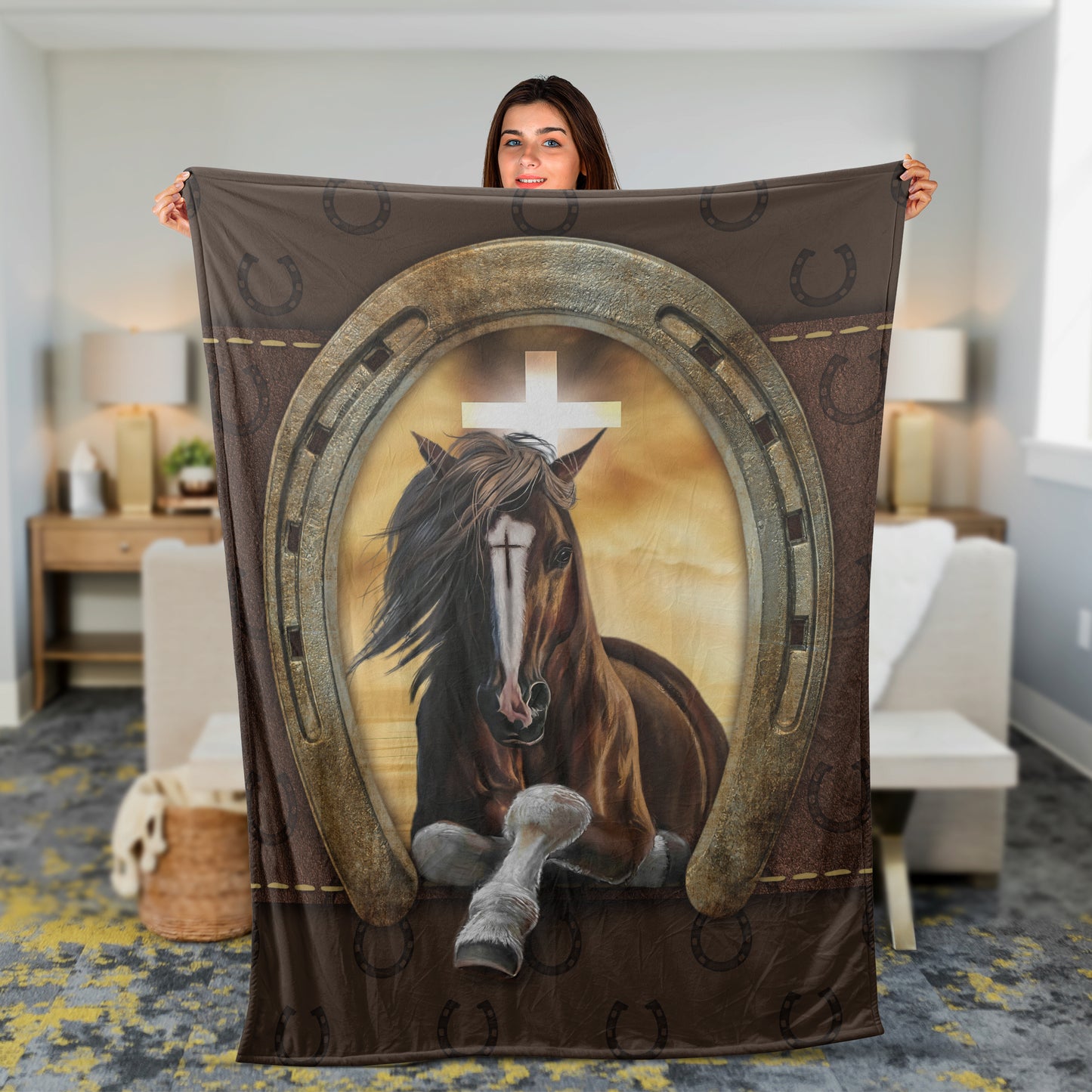 Jesus Blanket- Black horse, Golden horseshoe, Cross symbol, Orange sunset - Gift For Christian