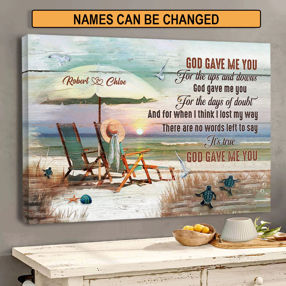 Couple Landscape Canvas - Personalized God, Couple Beach Chair, Beach, Turtle Canvas - Custom Gift For Christian Couple, Spouse, Lover - God Gave Me You Landscape Canvas