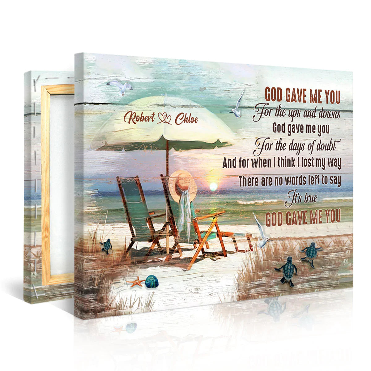 Couple Landscape Canvas - Personalized God, Couple Beach Chair, Beach, Turtle Canvas - Custom Gift For Christian Couple, Spouse, Lover - God Gave Me You Landscape Canvas