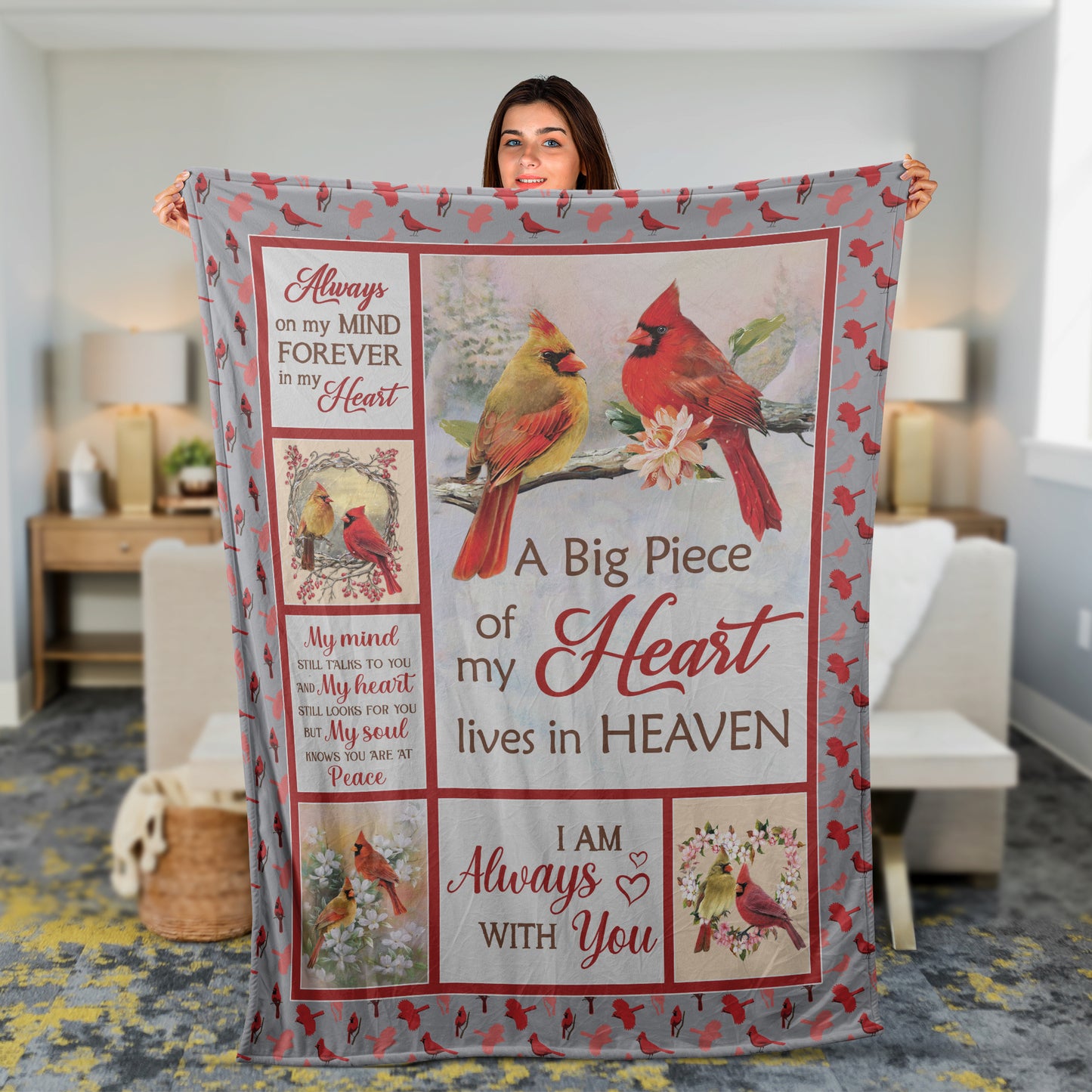Memorial Blanket, Heaven Blanket, Cardinal Couple Blanket, Sympathy Gift, Remembrance Gift - A Big Piece Of My Heart Lives In Heaven Blanket