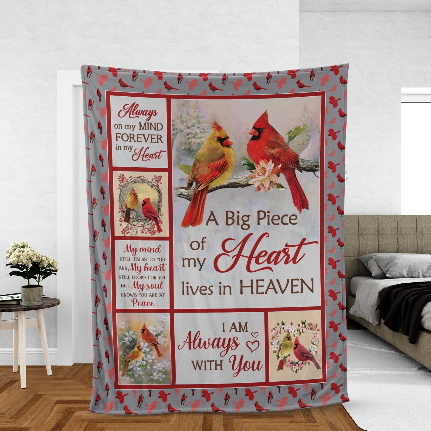 Memorial Blanket, Heaven Blanket, Cardinal Couple Blanket, Sympathy Gift, Remembrance Gift - A Big Piece Of My Heart Lives In Heaven Blanket