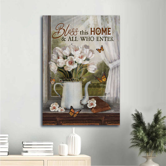 Jesus Portrait Canvas - White Tulip, Monarch Butterfly, Vintage Bible Canvas - Gift For Christian - Bless This Home Canvas