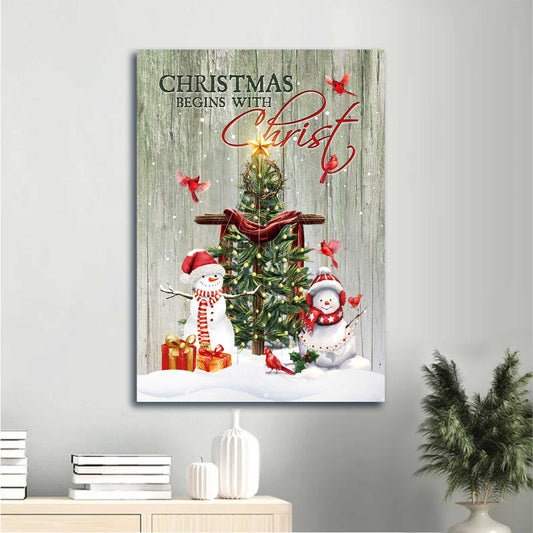 Jesus Portrait Canvas - Winter, Christmas Tree, Cute Snowman, Cardinal Canvas - Gift For Christian - Christmas Begins With Christ Canvas