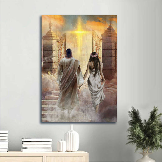 Jesus Portrait Canvas - Walking With Jesus, The Way To Heaven, Yellow Cross, Beautiful Heaven Canvas - Gift For Christian