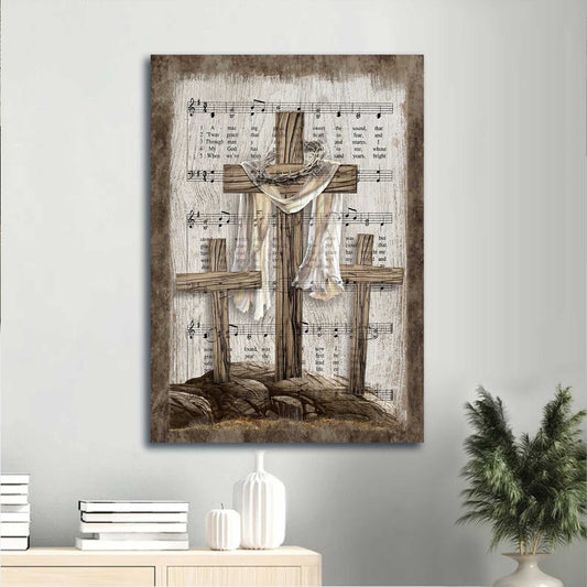 Jesus Portrait Canvas - Wooden Cross, Thorn Crown, Amazing Grace Lyrics Canvas - Gift For Christian Canvas Wall Art